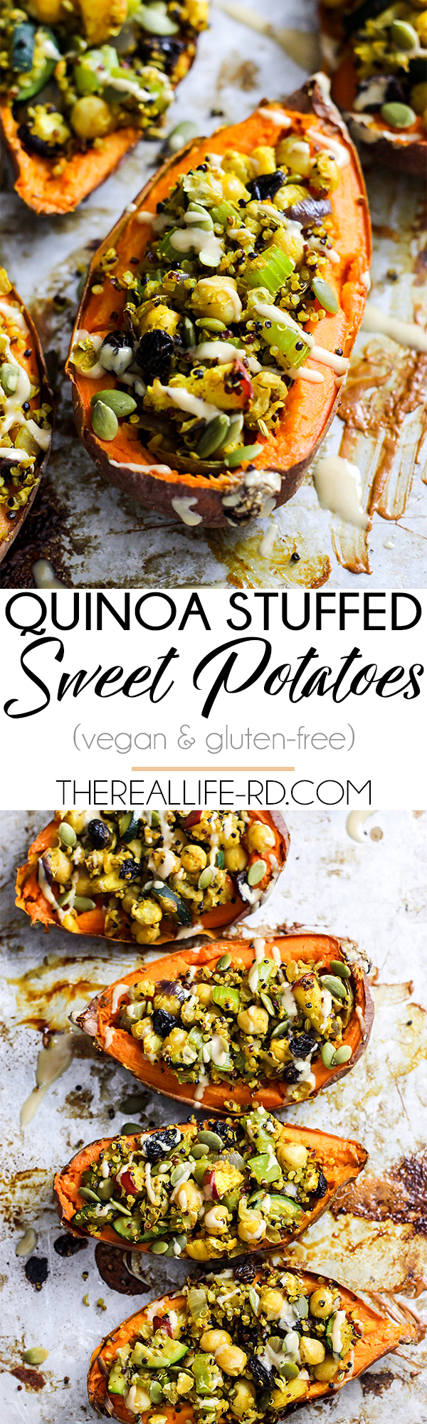 Quinoa stuffed sweet potatoes - a satisfying dinner full of tasty ingredients like chickpeas, raisins, and sweet potato! | The Real Life RD