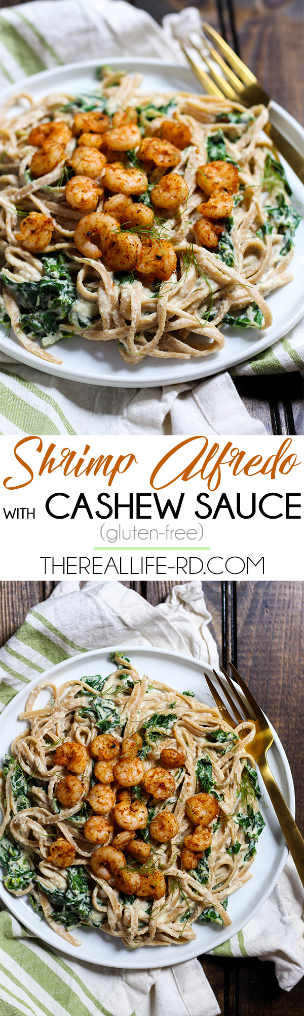 This creamy Shrimp Alfredo is made dairy-free with a delicious cashew sauce! Perfect for a fancy dinner that's actually easy. | The Real Life RD