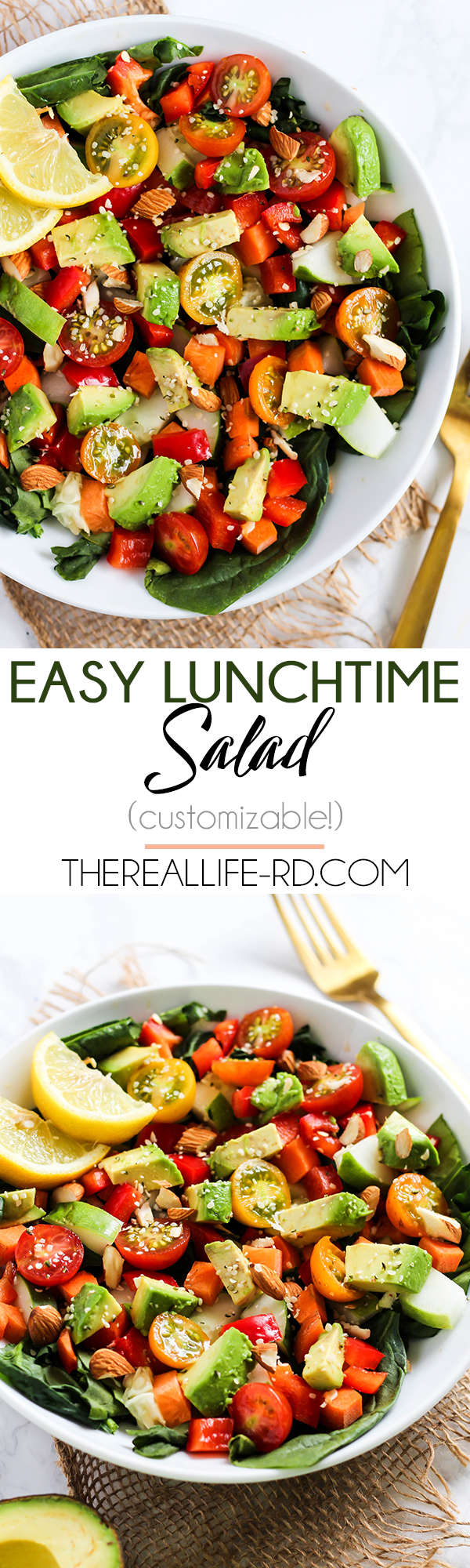 I love making this easy Lunchtime Salad to pack for work - easy customizable with beans, chicken, or any other toppings! | The Real Life RD